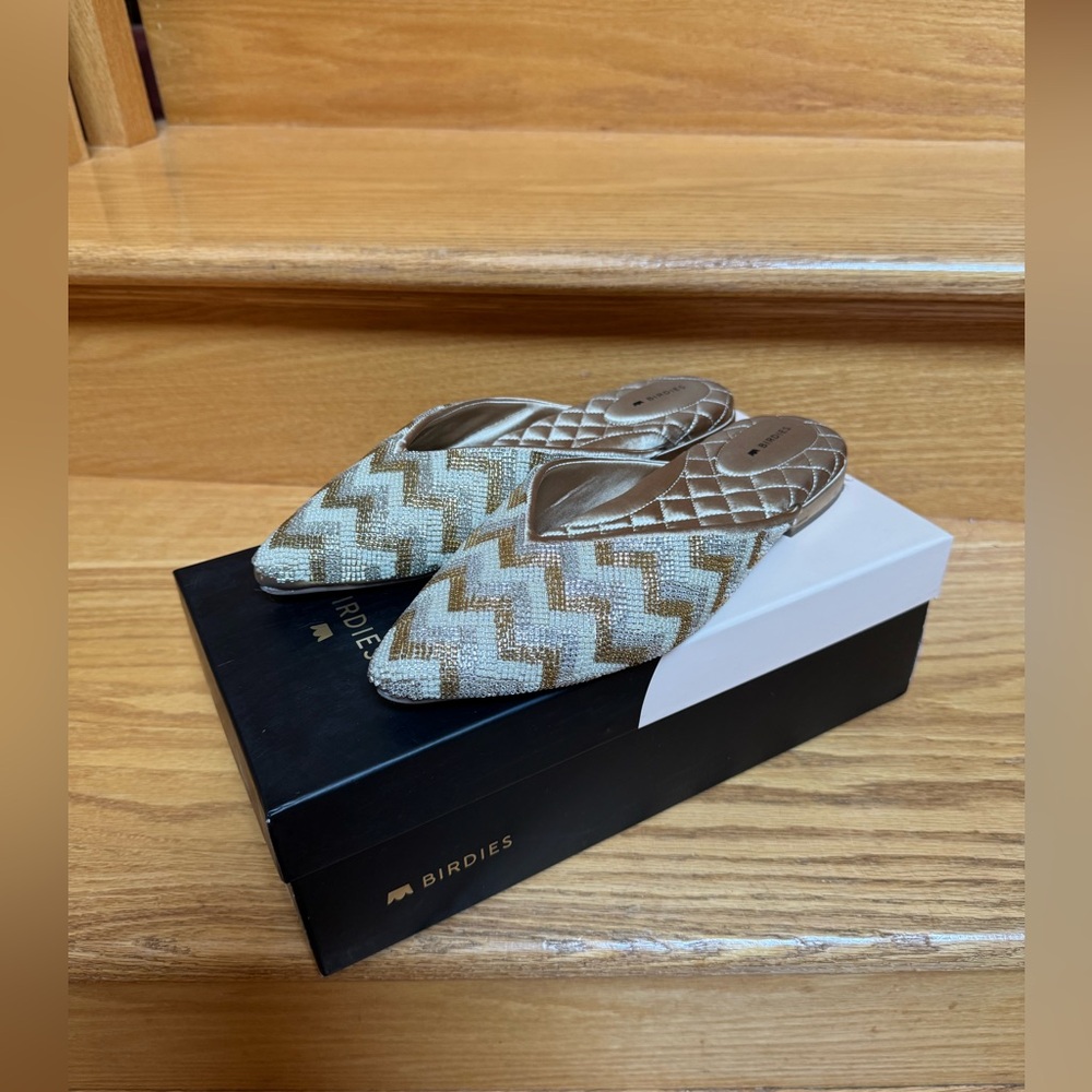 Birdies Champagne Beaded Chevron Mules